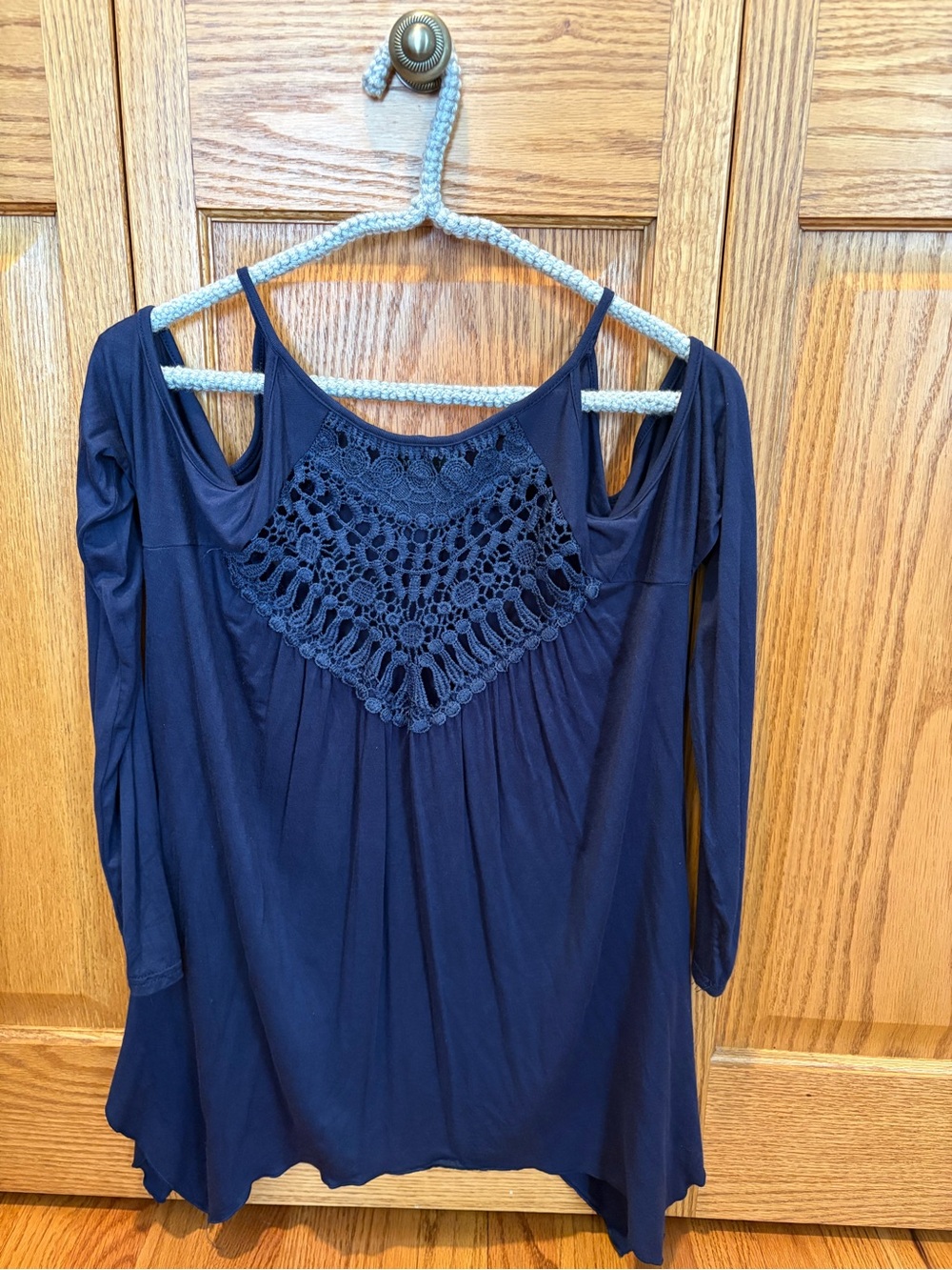 Women's Navy Cold-Shoulder Crochet Front Blouse
